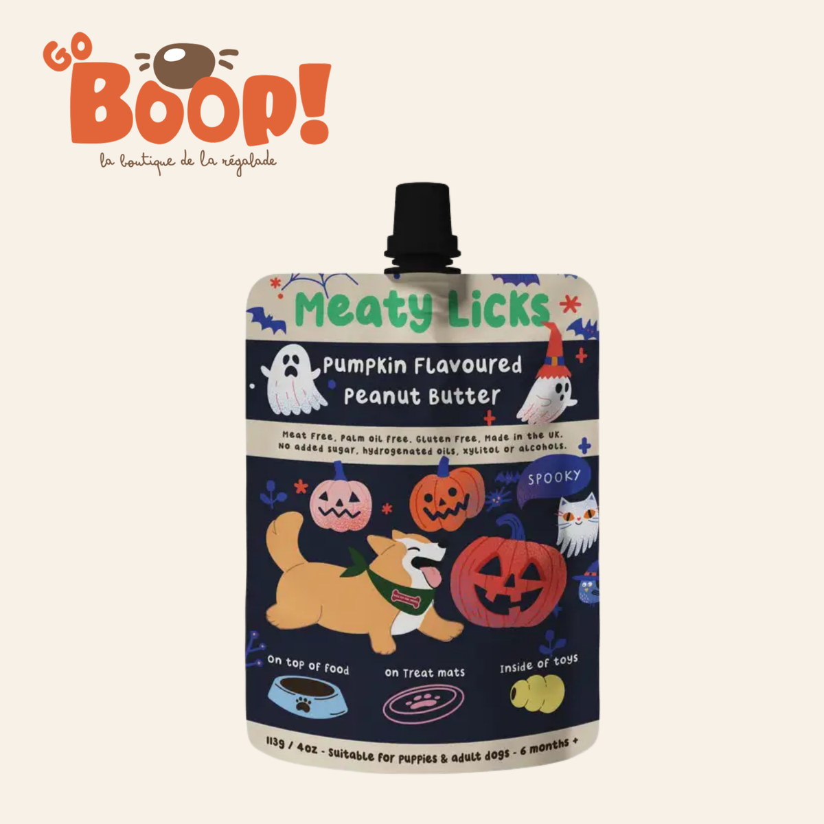 Gourde Meaty Licks beurre de cacahuète pour chien Citrouille 113 g