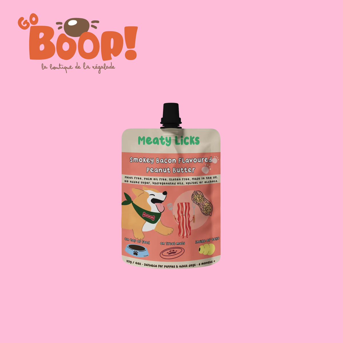 Gourde de beurre de cacahuète pour chien Bacon fumé 🥓 - Meaty Licks (113g)