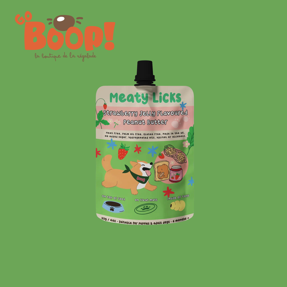 Gourde de beurre de cacahuète pour chien Confiture de fraise 🍓 - Meaty Licks (113g)