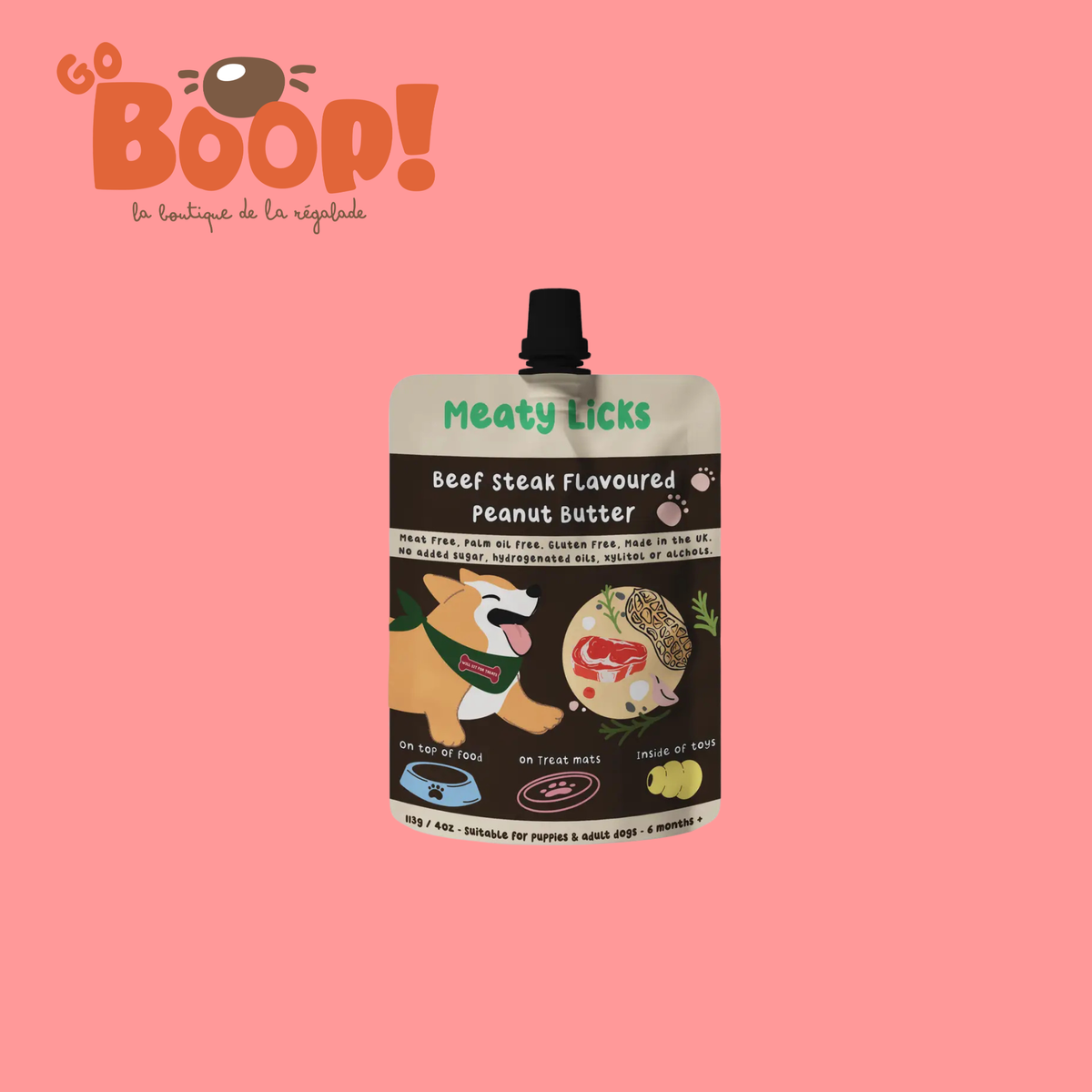 Gourde de beurre de cacahuète pour chien Steak de bœuf 🥩 - Meaty Licks (113g)