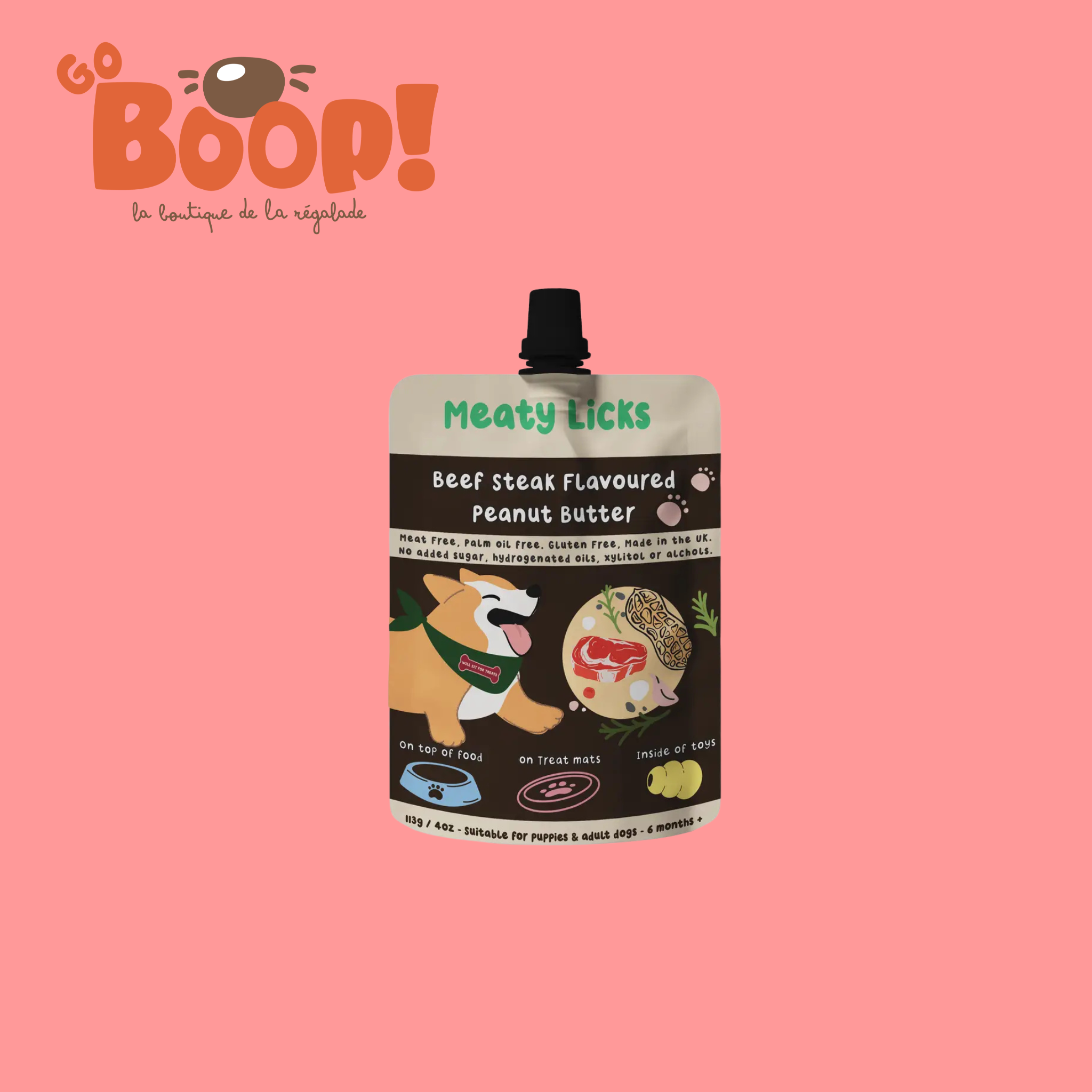 Gourde de beurre de cacahuète pour chien Steak de bœuf 🥩 - Meaty Licks (113g)